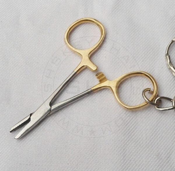 Keychain - Miniature Needle Holding Forceps Gold Plated Rings