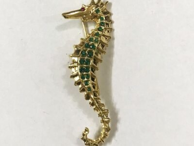 Cute Seahorse Gold Finish Brooch ,Green Beads