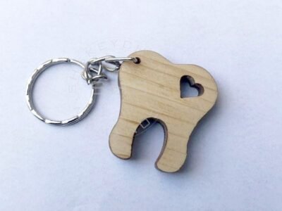 Laser Cut Wooden Cute Tooth with Heart keyring